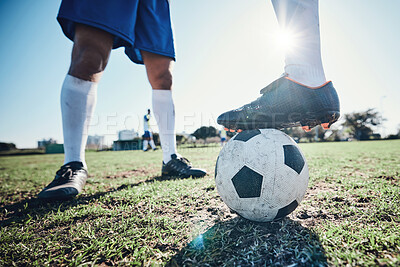 Buy stock photo Legs, soccer and ball with players ready for kickoff on a sports field during a competitive game closeup. Football, fitness and teamwork on grass with a team standing in boots to start of a match