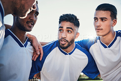 Buy stock photo Motivation, football and team captain talking in a huddle planning match strategy for collaboration, teamwork and support. Group, discussion and soccer players in solidarity together for a game