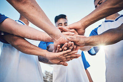 Buy stock photo Soccer, hands together and teamwork, support and sports for training at stadium. Collaboration, group huddle and football players with motivation for exercise, workout goal or success in competition