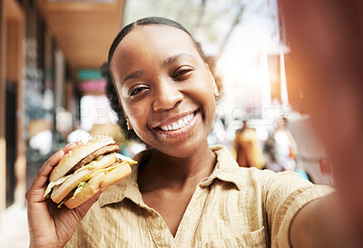 Buy stock photo Burger, portrait and woman in selfie, city and restaurant outdoor promotion, social media and live streaming review. Fast food, happy face and african person or influencer on sidewalk for photography