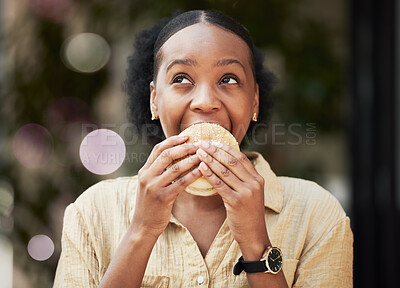 Buy stock photo Thinking, fast food and black woman biting a burger in an outdoor restaurant as a lunch meal craving deal. Breakfast, sandwich and young female person or customer enjoying a tasty unhealthy snack