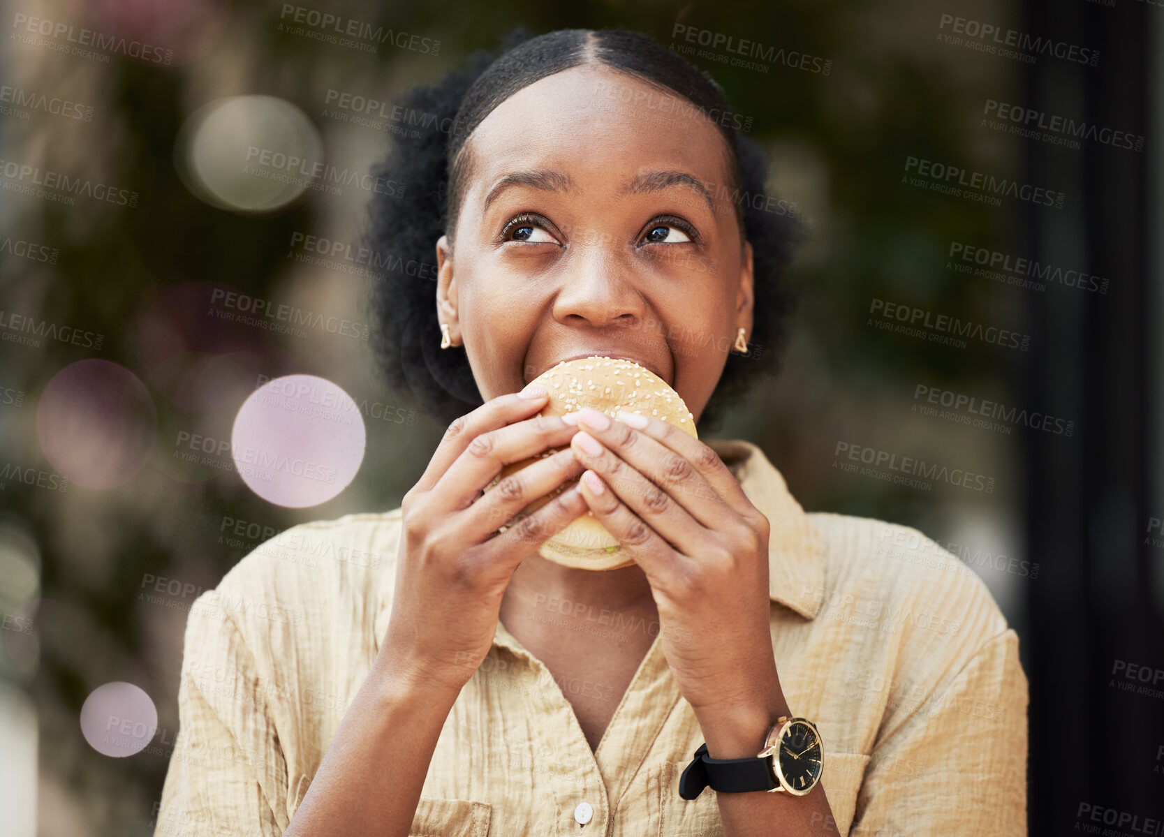 Buy stock photo Thinking, fast food and black woman biting a burger in an outdoor restaurant as a lunch meal craving deal. Breakfast, sandwich and young female person or customer enjoying a tasty unhealthy snack