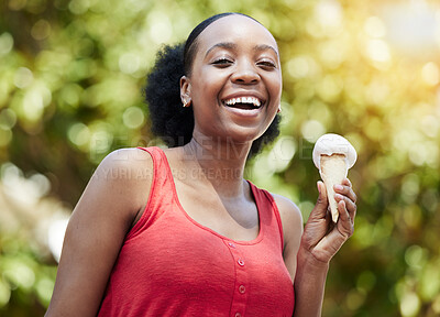 Buy stock photo Portrait, black woman and smile with ice cream cone for dessert, cool snack and sweet food outdoor in summer, nature and garden. Happy female person eating scoop of frozen vanilla gelato in park 