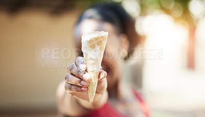 Buy stock photo Black girl, hand and ice cream outdoor in closeup for snack in summer or vacation with blurred in background. Dessert, melting and cone on holiday with person holding tasty and fresh sweet food.