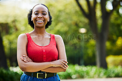Buy stock photo Portrait, outdoor and black woman with arms crossed, casual outfit or confidence with freedom. Face, female person or girl with happiness, park or cheerful with streetwear, Nigerian or trendy clothes
