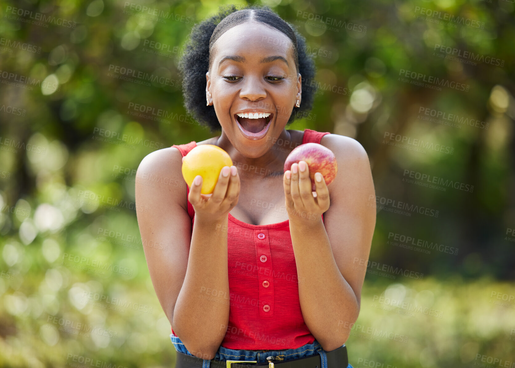Buy stock photo Happy black woman, lemon and apple in surprise for vitamin C, natural nutrition or diet in nature. African female person with citrus and organic fruit for healthy eating, fiber and wellness outdoors