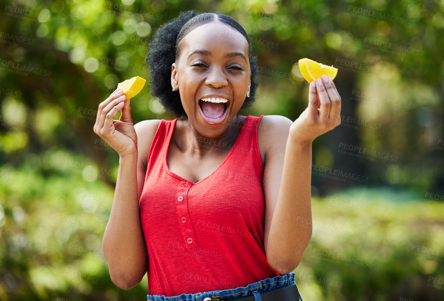 Buy stock photo Happy black woman, orange slice and natural vitamin C for nutrition or citrus diet in nature outdoors. Portrait of African female person with organic fruit, food or fiber for healthy wellness in park