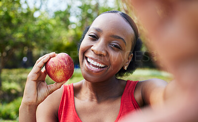 Buy stock photo Apple, selfie and healthy black woman with a fruit on a farm with fresh produce in summer and smile for wellness. Happy, nutrition and young female person on an organic food diet for self care