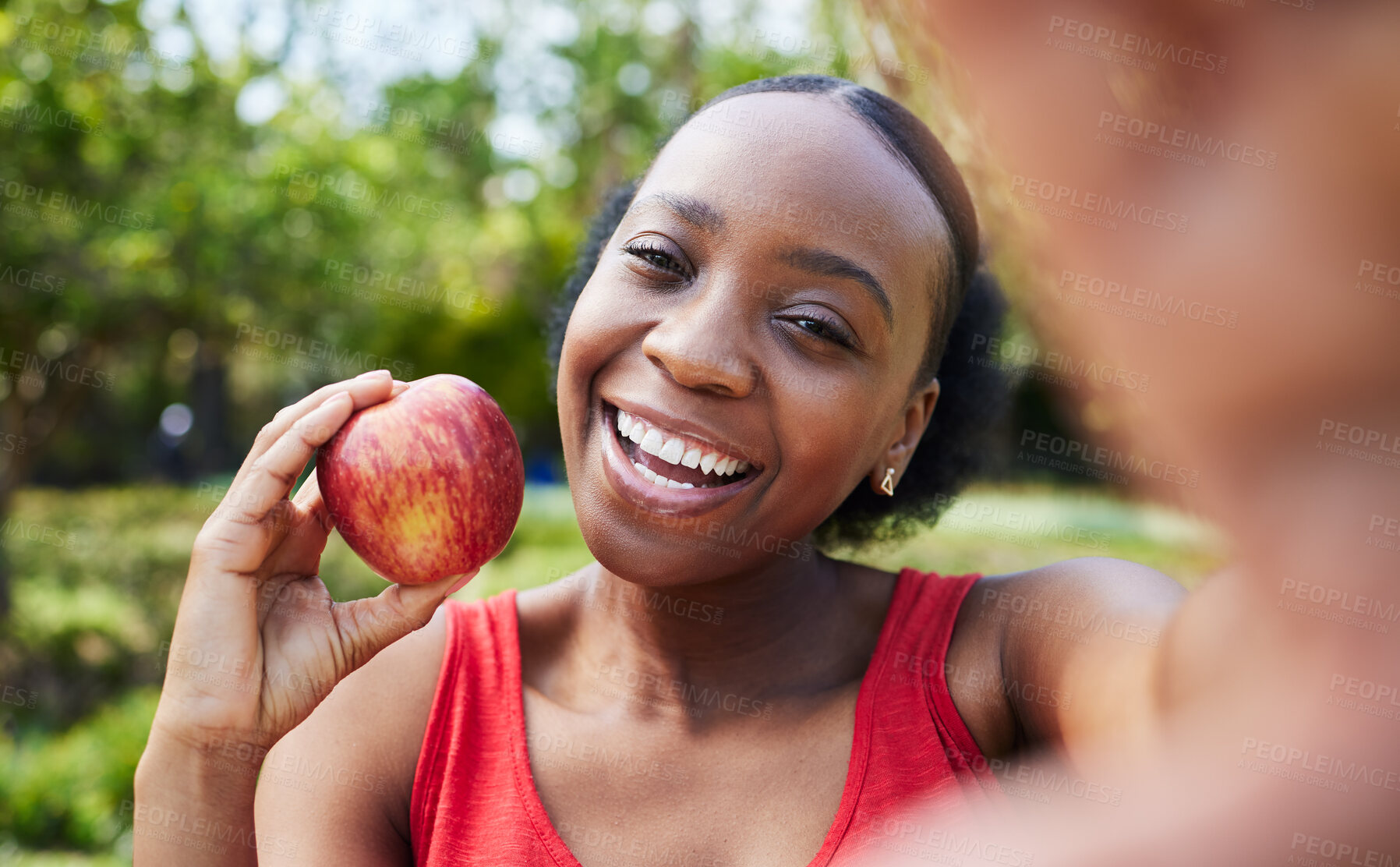 Buy stock photo Apple, selfie and healthy black woman with a fruit on a farm with fresh produce in summer and smile for wellness. Happy, nutrition and young female person on an organic food diet for self care