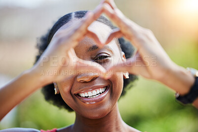Buy stock photo Portrait, smile and heart sign with black woman outdoor with sun or freedom for health, Happiness, girl and love hands in nature with care or like expression in garden or closeup with emoji in summer