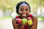Nutrition, citrus and portrait of a black woman with a fruit on a farm with fresh produce in summer and smile for wellness. Happy, apple and young female person on an organic diet for self care
