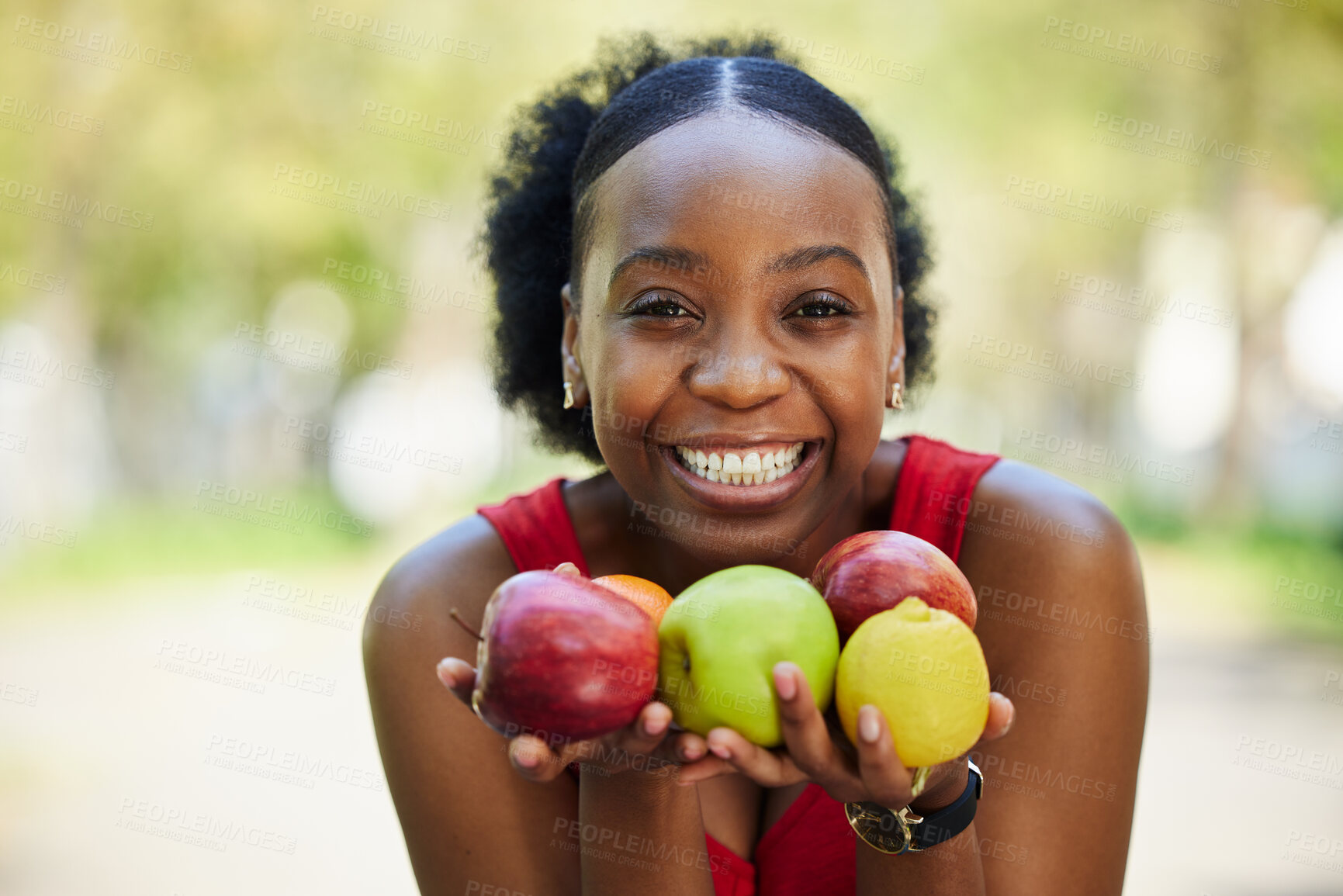Buy stock photo Nutrition, citrus and portrait of a black woman with a fruit on a farm with fresh produce in summer and smile for wellness. Garden, apple and young female person on an organic diet for sustainability