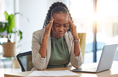 Buy stock photo Sick, headache and black woman with problem in office, pain or stress from migraine. Frustrated, fatigue and African professional with business crisis, fail emoji and debt, bankruptcy and mistake.