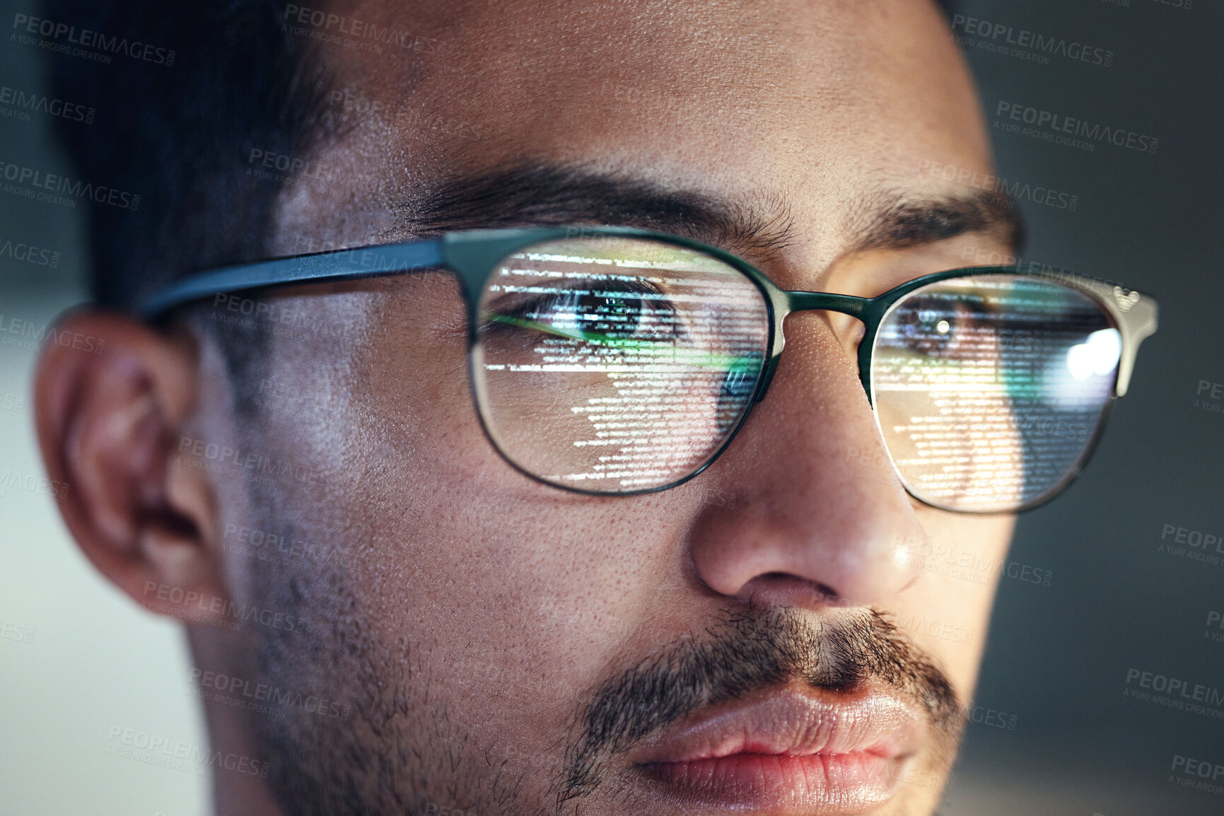 Buy stock photo Glasses, man and reflection of programmer on computer working on software, code and data. IT, engineer and serious face of developer with information technology for cloud computing in office closeup.