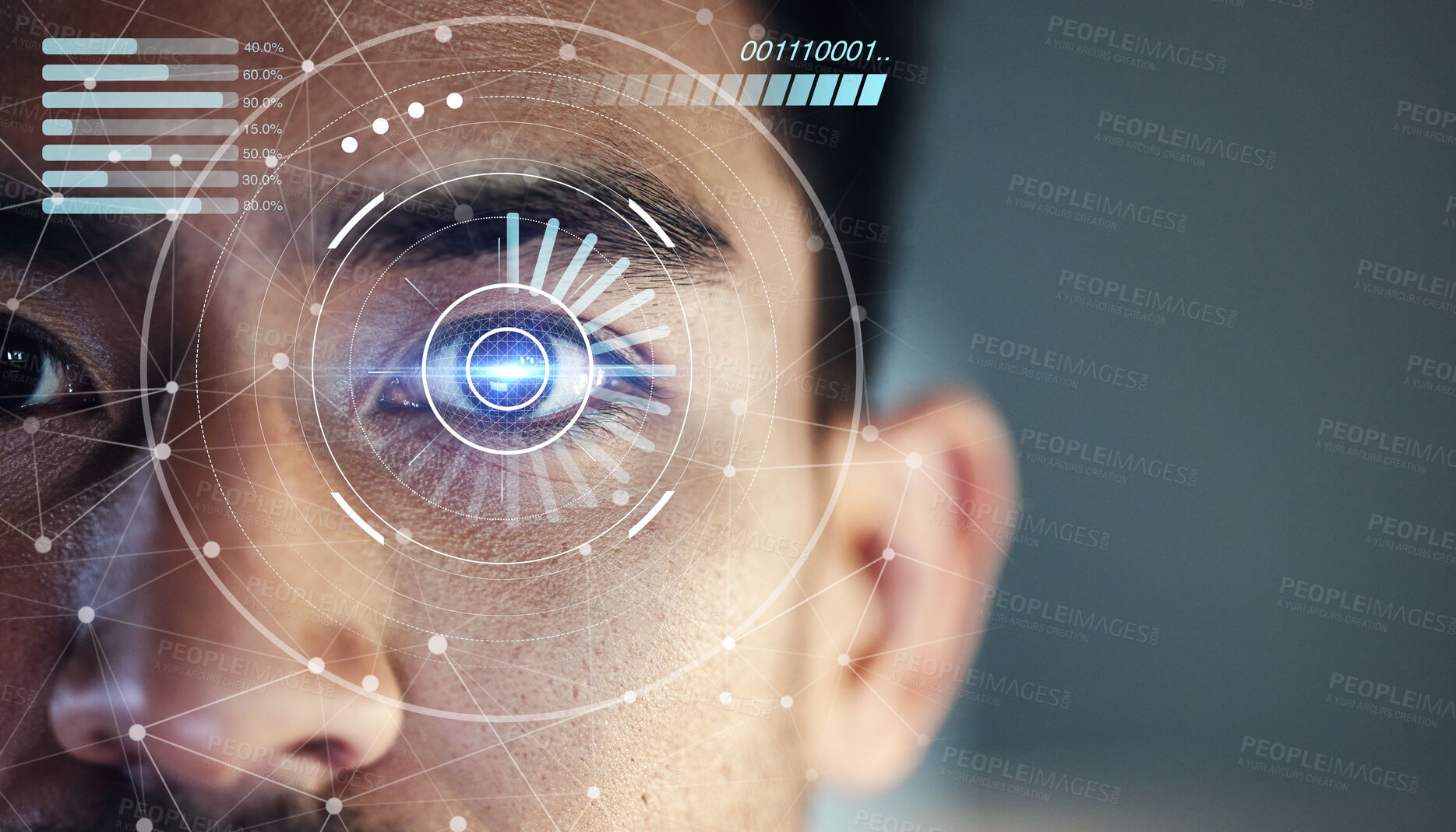 Buy stock photo Scan hologram, eyes and face of man of biometric data, cybersecurity and futuristic technology. Holographic portrait, identity software and person with future or digital facial recognition overlay