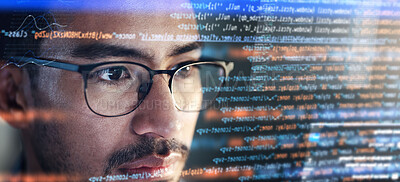 Buy stock photo Computer, coding hologram and man in data analytics, information technology overlay or html at night. Programmer or IT person in glasses reading software script, programming or cybersecurity research