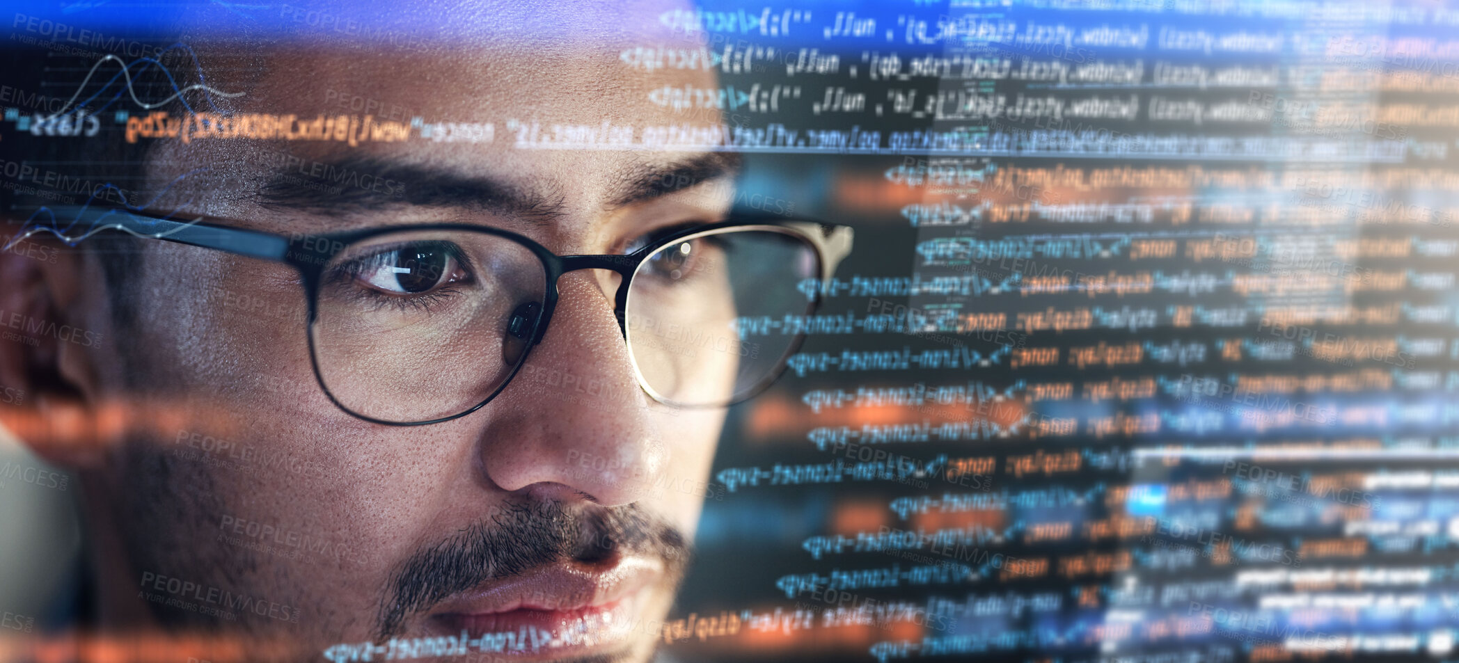 Buy stock photo Computer, coding hologram and man in data analytics, information technology overlay or html at night. Programmer or IT person in glasses reading software script, programming or cybersecurity research