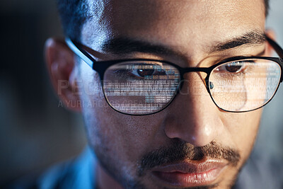 Buy stock photo Glasses, man and reflection of code on computer working on software, programming and data. IT, engineer and serious face of developer with information technology for cyber security in office closeup