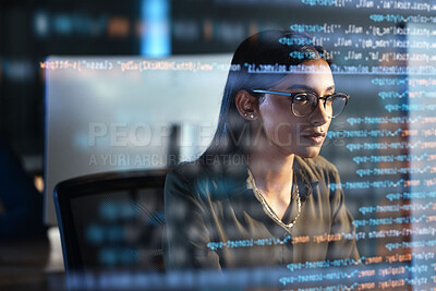 Buy stock photo Computer, hologram and woman coding for data analysis, information technology overlay and night html. Programmer or IT person in glasses reading software script, programming or cybersecurity research