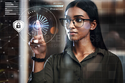 Buy stock photo Woman, fingerprint scan and biometrics at night for futuristic cyber security, hologram or dashboard at office. Hand of female person in recognition for digital access, identification or verification