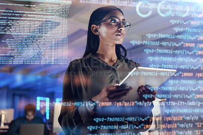 Buy stock photo Software, coding hologram and woman on tablet thinking of data analytics, digital technology and night overlay. Programmer or IT person in glasses on 3d screen, programming and cybersecurity research