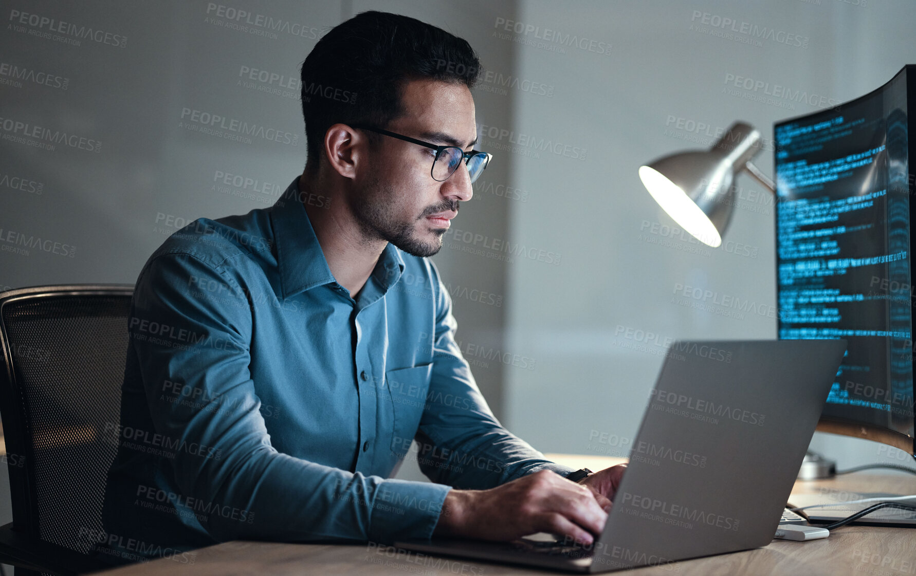 Buy stock photo Laptop, screen and business man for coding, software development and programming script in cybersecurity. Night, computer research and programmer or IT person with html code, system or data analysis