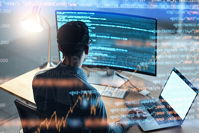 Buy stock photo Programmer, code and man with hologram, technology and digital software with cyber security, futuristic or server. Male person, typing or programming with data analysis, pc or research with analytics