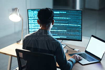 Buy stock photo Office, programming and man with technology, code and typing with data analytics, cyber security and software update. Male person, programmer and developer with laptop, database and cloud computing