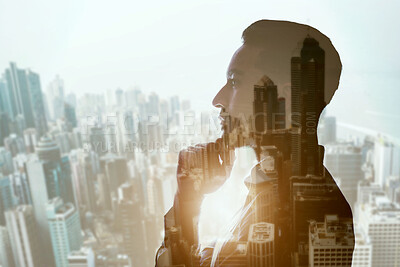 Buy stock photo Thinking, double exposure and business man in city with business idea and vision with success goals. Ambition, male person worker and profile with planning and urban architecture overlay at window