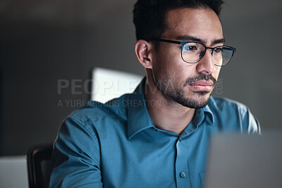 Buy stock photo Computer, research and business man or programmer for software development, programming or cybersecurity. Reading, glasses and focus of IT person with data analysis, system upgrade and coding online