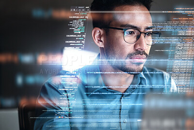 Buy stock photo Programmer, coding and man with focus, hologram and data analytics with cyber security, futuristic and stock market. Male person, coder or programming with innovation, research or finance information