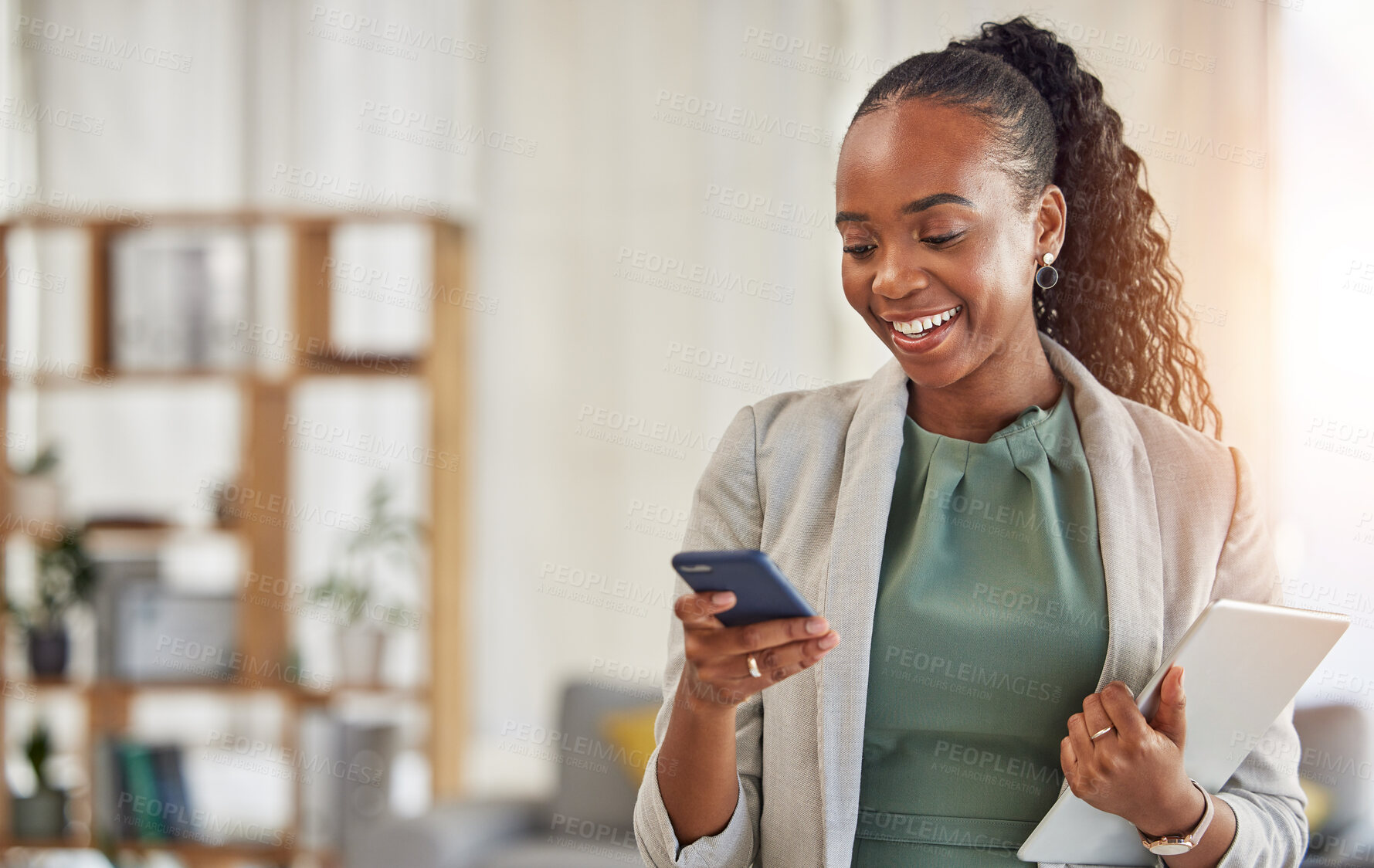 Buy stock photo Happy black woman, phone and communication at office with smile in networking or social media. African female person or employee enjoying online browsing or chat on mobile smartphone app at workplace