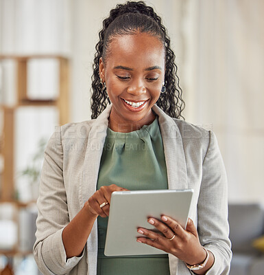 Buy stock photo Lawyer, happy or black woman with tablet in office for legal research, online app and social media. News, technology or professional African attorney reading business email, networking or internet 