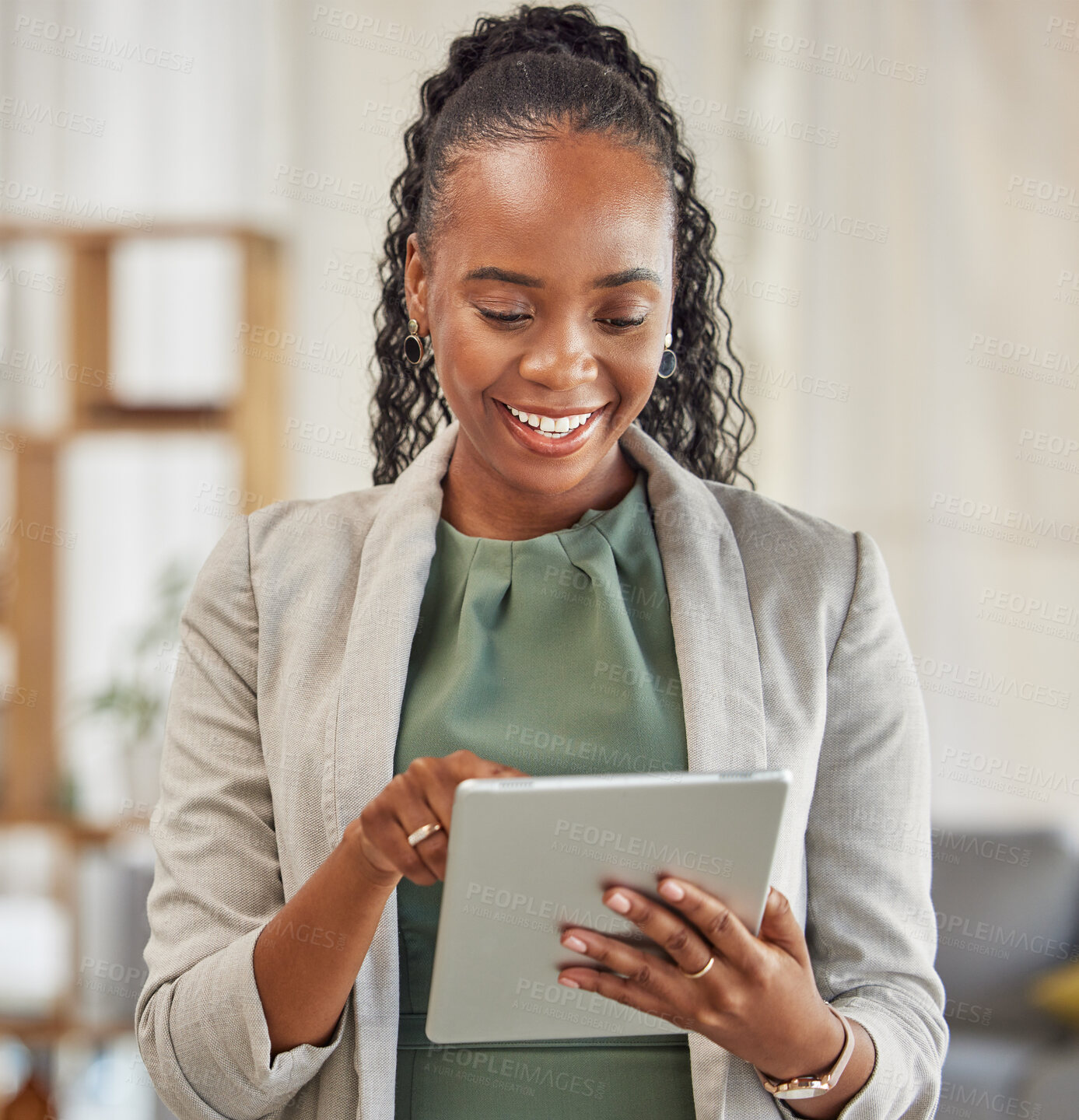 Buy stock photo Lawyer, happy or black woman with tablet in office for legal research, online app and social media. News, technology or professional African attorney reading business email, networking or internet 