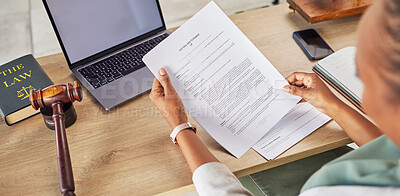 Buy stock photo Woman, hands and lawyer reading will or documents for court judge or justice on office desk above. Notary person or attorney checking paperwork or testament for law agreement or legal advice on table