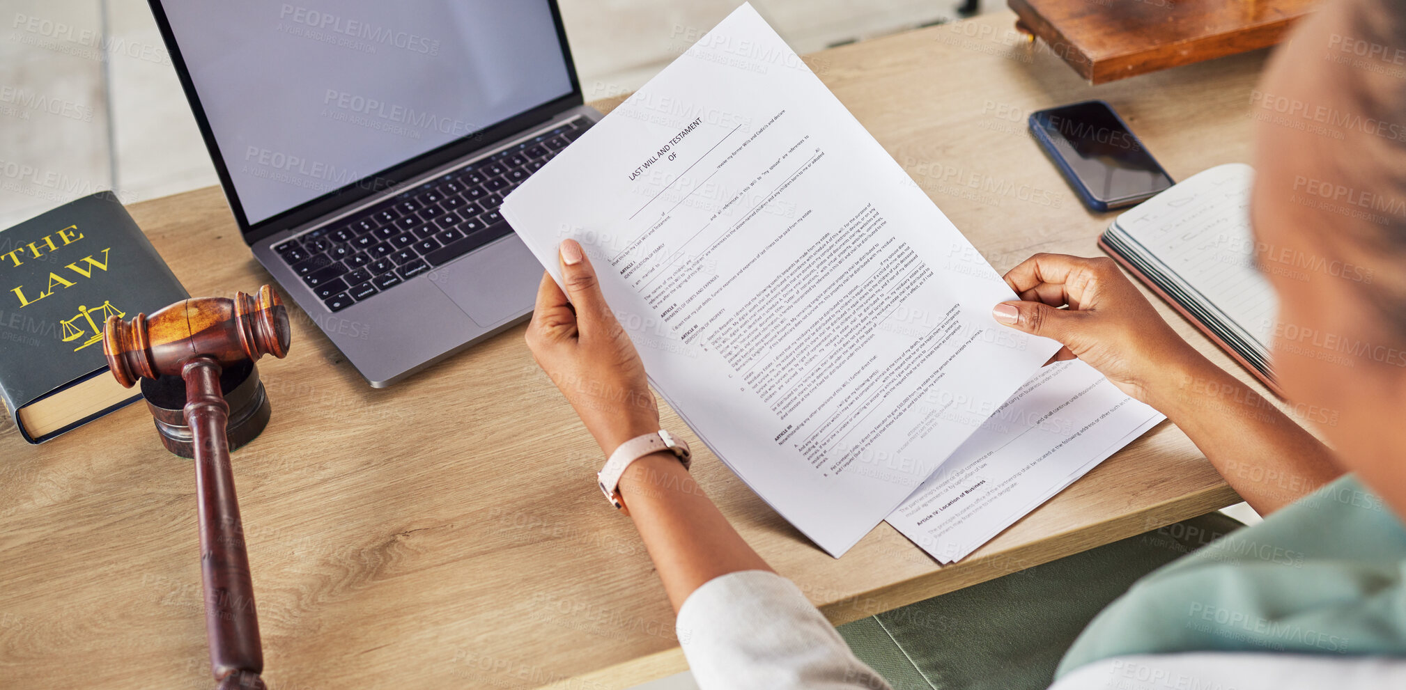 Buy stock photo Woman, hands and lawyer reading will or documents for court judge or justice on office desk above. Notary person or attorney checking paperwork or testament for law agreement or legal advice on table