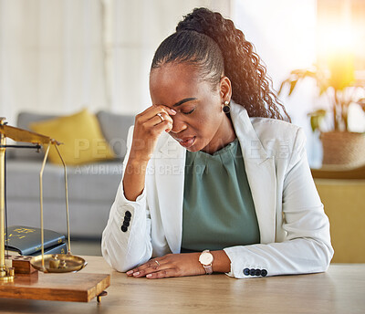 Buy stock photo Stress, headache and black woman lawyer with fail on case with mistake in a office. Frustrated, professional and law firm with a African female worker with attorney problem and burnout from job