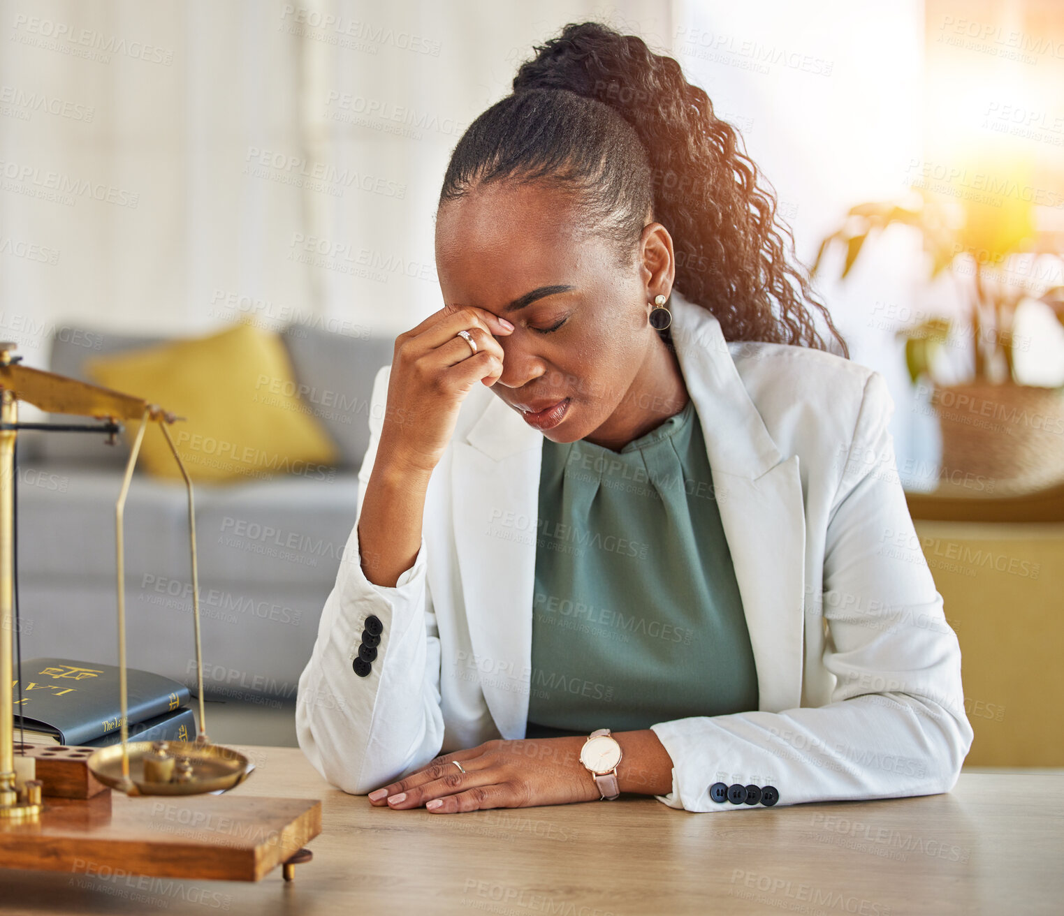 Buy stock photo Stress, headache and black woman lawyer with fail on case with mistake in a office. Frustrated, professional and law firm with a African female worker with attorney problem and burnout from job