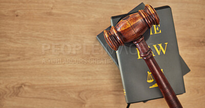 Buy stock photo Background, law books and gavel on table at mockup space of judge, justice or lawyer in courtroom. Overhead, hammer and research knowledge of legal system, constitution and truth, litigation or trial