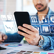 Hands, phone and hologram interface with icon for web design ...