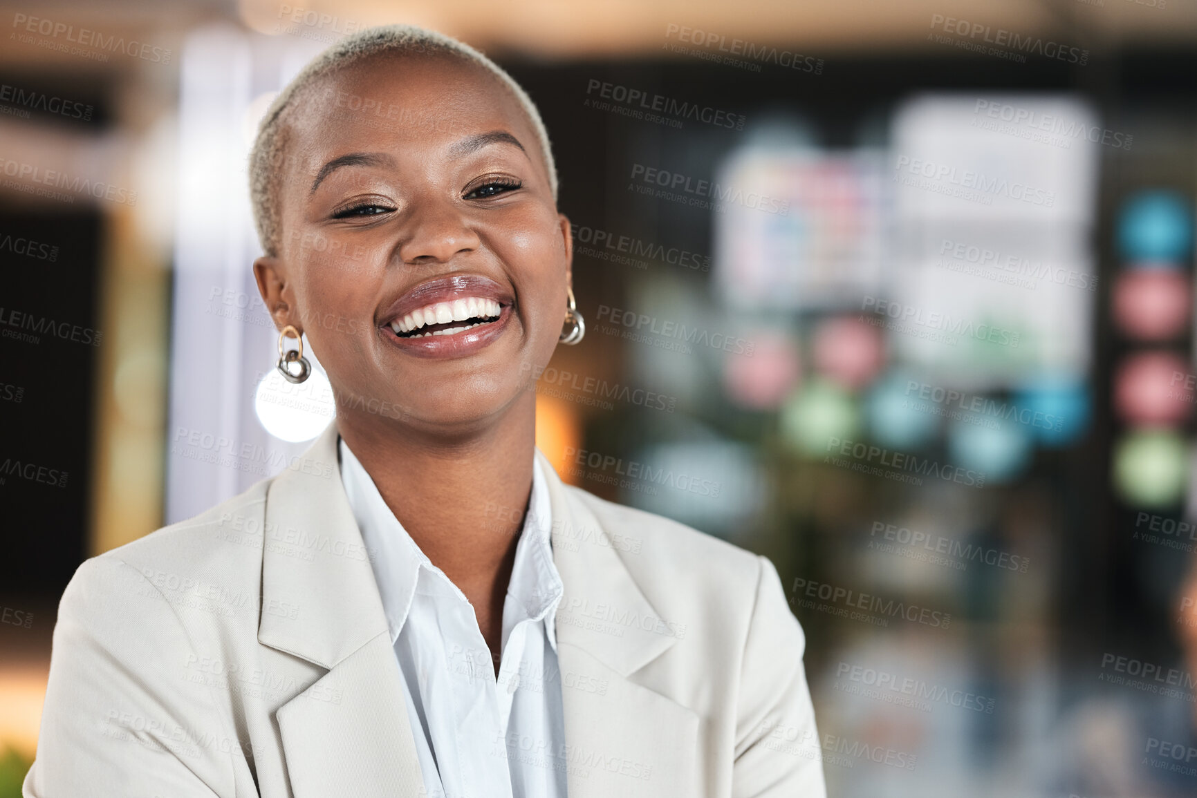 Buy stock photo Portrait, smile and black woman in office with mockup, bokeh and startup business ceo at night. Management career, happiness and African businesswoman laughing in corporate work space for overtime.