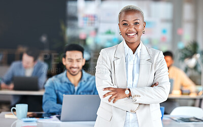 Buy stock photo Portrait, accountant and black woman with arms crossed in office, business workplace or coworking company. Face, confidence or happy professional, African entrepreneur and auditor, employee or worker