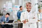 Portrait, confident and happy woman in office with mockup, leadership and startup business ceo at agency. Management career, smile and African businesswoman with arms crossed in corporate work space.