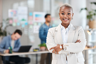 Buy stock photo Portrait, confident and happy woman in office with mockup, leadership and startup business ceo at agency. Management career, smile and African businesswoman with arms crossed in corporate work space.