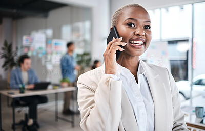 Buy stock photo Excited, phone call and black woman in office for communication, conversation or chat. Smartphone, happy and business professional listening, talking or discussion with contact in coworking workplace