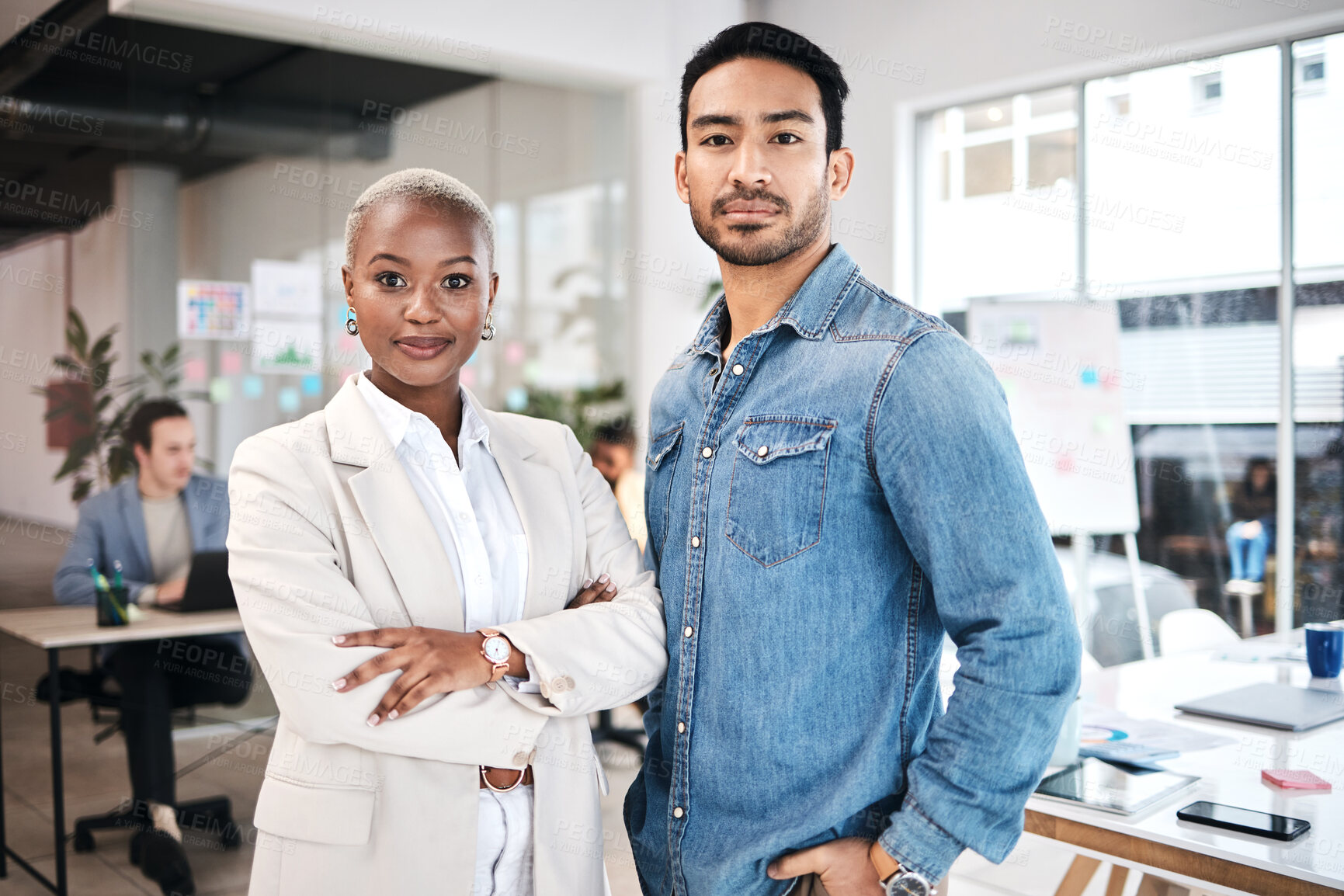 Buy stock photo Business people, portrait and arms crossed in office for leadership, motivation and partnership. Face, diversity and design team collaboration with mindset, teamwork and startup mission inspiration