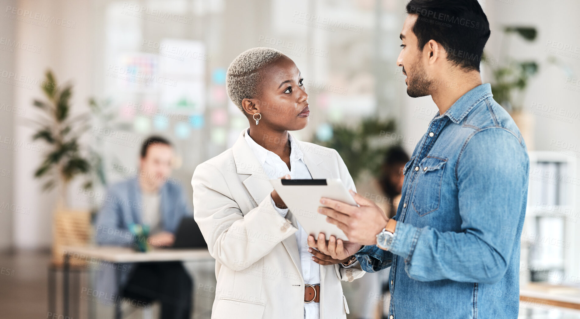 Buy stock photo Office tablet, teamwork discussion and people review media application layout, creative design or research info. Collaboration, designer communication and professional team working on app development