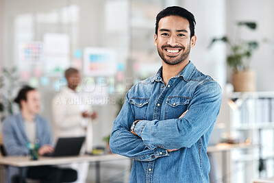 Buy stock photo Portrait, confident and happy man in office with mockup, leadership and startup business ceo at agency. Project management career, smile and businessman boss with arms crossed in corporate work space