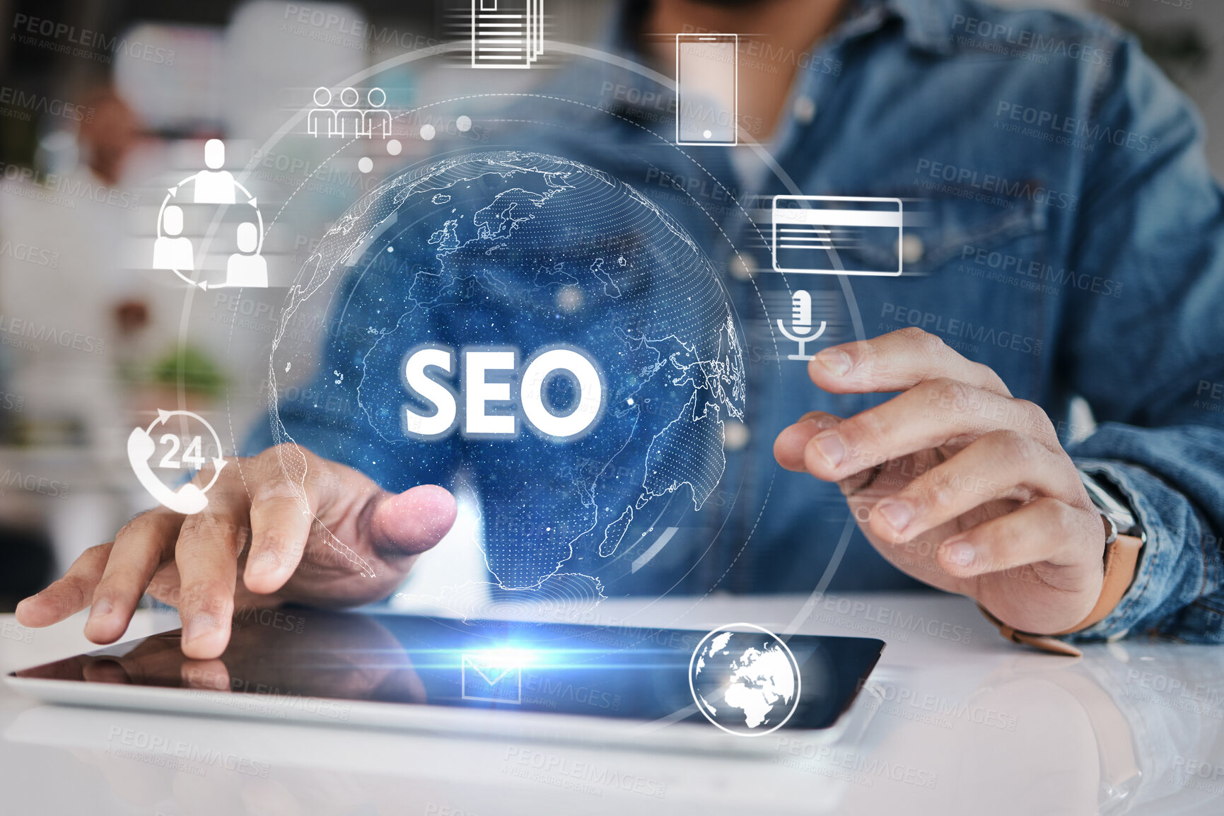 Buy stock photo Hands, business and tablet for seo hologram, networking and 3D world graphic for target audience research. Closeup worker, person or digital technology of globe overlay for search engine optimization