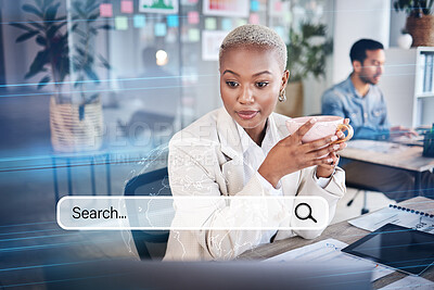 Buy stock photo Woman, business and laptop search engine for information hologram, SEO graphic and iot research. Thinking, worker and African employee with coffee on technology, internet and office browsing overlay